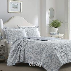 New! Cozy Shabby Chic French Country Light Blue Grey White Leaf Soft Quilt Set