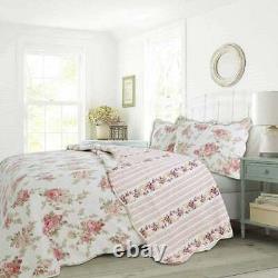New! Cozy Shabby Chic Romantic Pink Green Leaf Purple Red Ivory Rose Quilt Set