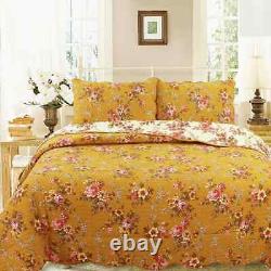 New! Cozy Shabby Chic Romantic Pink Red Green Leaf Brown Yellow Rose Quilt Set
