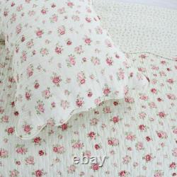 New Cozy Shabby Chic White Pink Red Green Leaf Cottage Romantic Rose Quilt Set