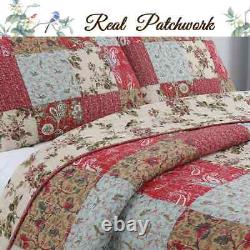 New! Cozy Shabby Cottage Pink Brown Red Blue Ivory Leaf Rose Chic Quilt Set
