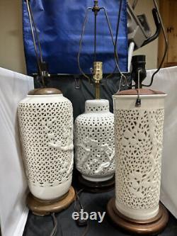 One of 3 Blanc de Chine White Reticulated Pierced Porcelain Lamps Your choice