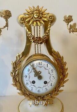 Quality Antique French Ormolu. Marble Lyre Clock Set Garniture by Vincenti & Cie