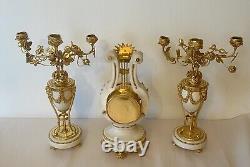 Quality Antique French Ormolu. Marble Lyre Clock Set Garniture by Vincenti & Cie