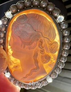 Quality Antique Sterling Cameo Brooch with Pearl and Old Diamond Surround