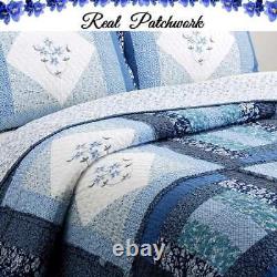 Quality Cotton Shabby Chic French Country Blue Navy White Lace Ruffle Quilt Set