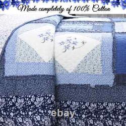 Quality Cotton Shabby Chic French Country Blue Navy White Lace Ruffle Quilt Set