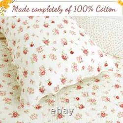 Romantic Cozy Shabby Chic Ivory Pink Red Green Leaf Cottage Soft Rose Quilt Set