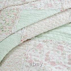 Shabby Chic Cottage Soft Ivory Pink Green Lace Lavender Lilac Ruffle Quilt Set