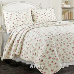 Soft Shabby Chic White Pink Red Green Leaf Scalloped Romantic Rose Quilt Set New