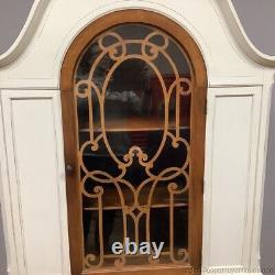 Vintage China Cabinet Hand Painted Off White Natural Wood Door Fret Carvings