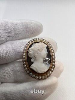 Vintage Victorian High Relief Museum Quality Greek God Demeter Agate 14K Pearls