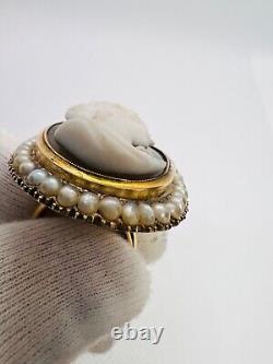 Vintage Victorian High Relief Museum Quality Greek God Demeter Agate 14K Pearls